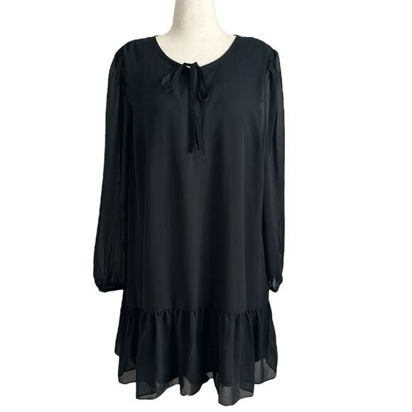 NWT Draper James Tie Neck Flounce Shift Dress Sheer Lined Black Size XL - Picture 1 of 10